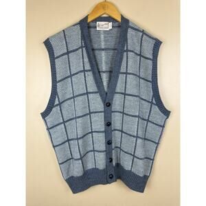 Vintage Clipper Mist Men’s Knit Vest Navy White Windowpane V-Neck Size L